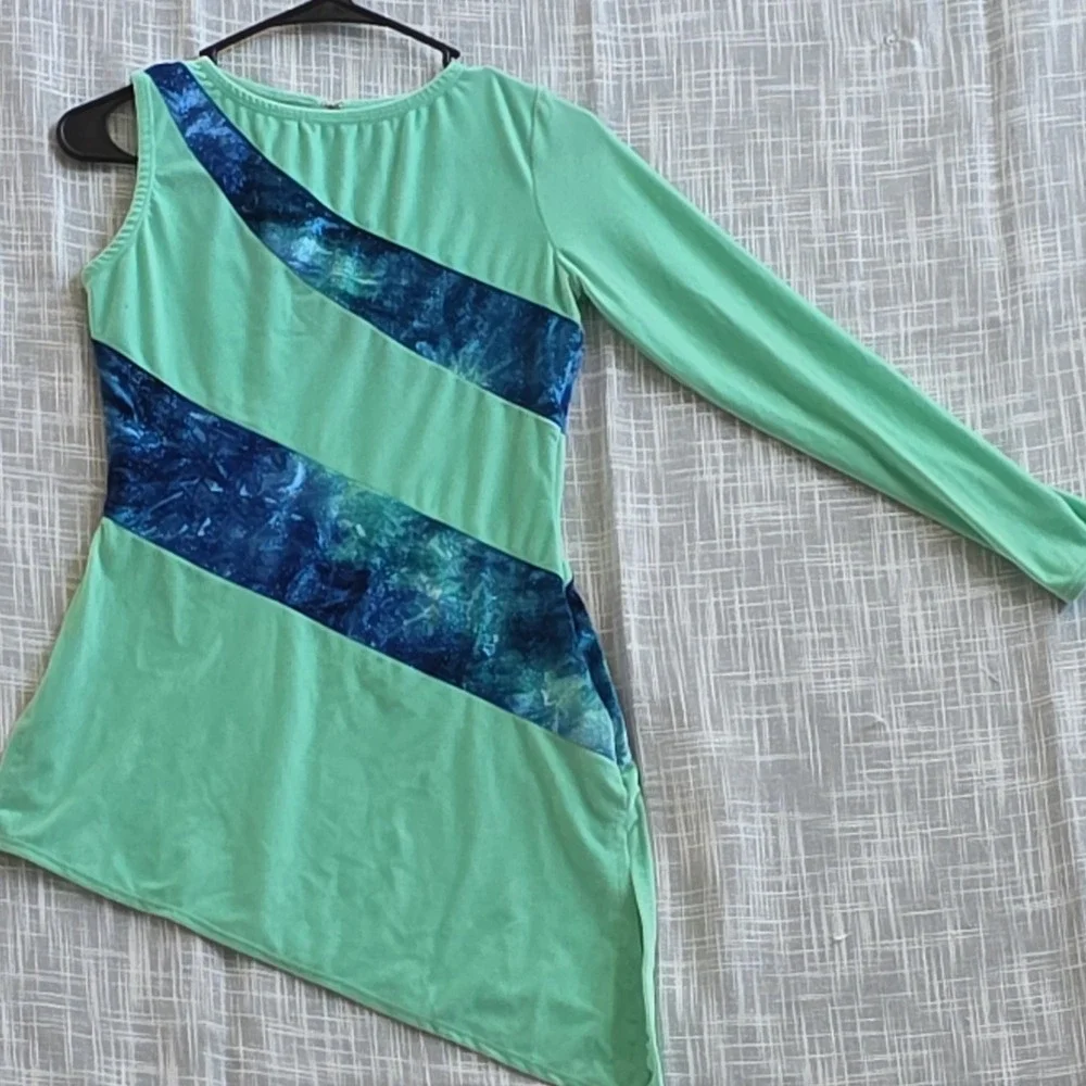 Algy Green Blue Asymmetrical Women's Dance Outfit Adult Small Long Sleeve